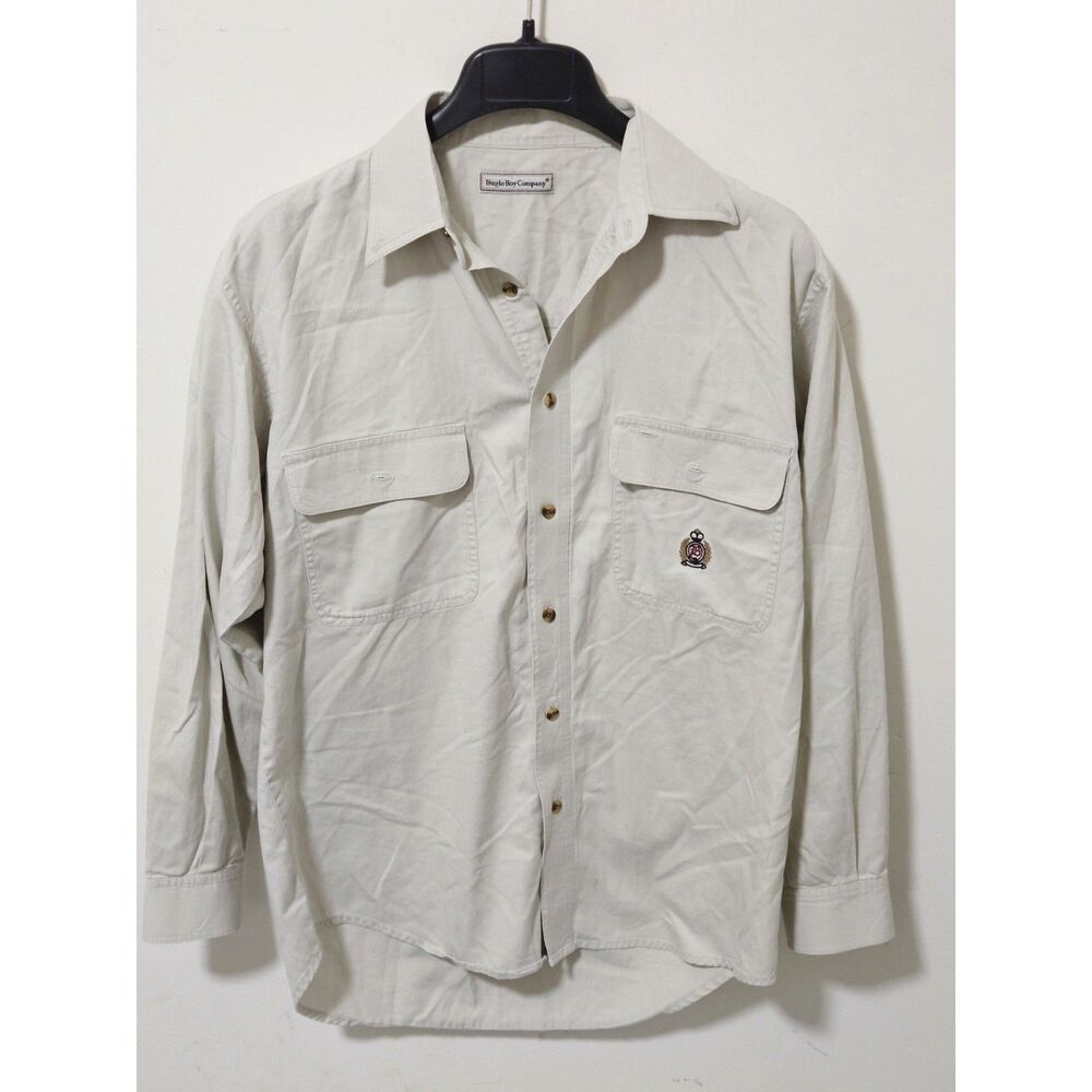 Vintage Bugle Boy Twill Button Up Embroidered Crest Beige Mens L